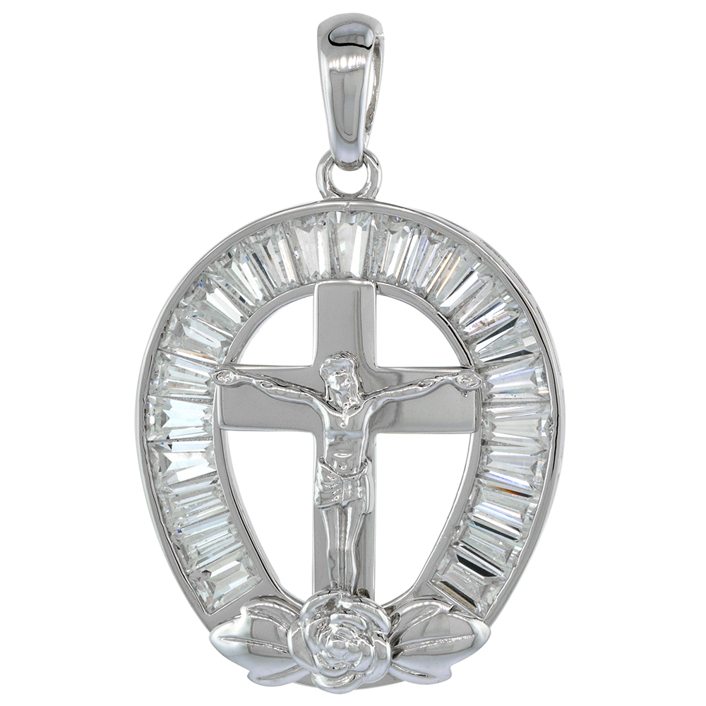 1 1/4 INCH STERLING SILVER CZ LUCKY HORSESHOE CROSS CRUCIFIX PENDANT WITH ROSEBUD FOR MEN TAPERED BAGUETTE RHODIUM FINISH