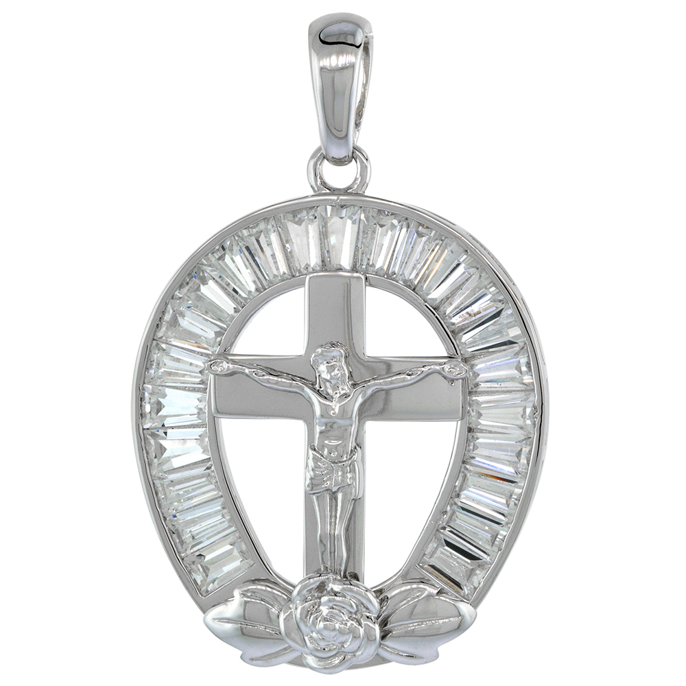 1 1/4 inch Sterling Silver CZ Lucky Horseshoe Cross Crucifix Pendant with Rosebud for Men Tapered Baguette Rhodium Finish