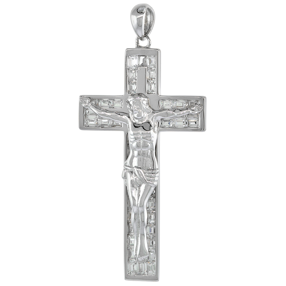 1 1/2 inch Sterling Silver Baguette CZ Crucifix Pendant for Men and Women Flush Set Rhodium Finish