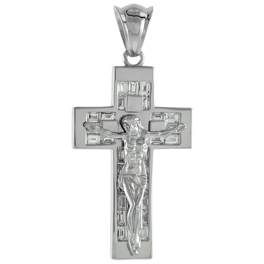 1 1/2 INCH STERLING SILVER CUBIC ZIRCONIA CRUCIFIX PENDANT MEN WOMEN BAGUETTE CZ CHANNEL SET RHODIUM FINISH