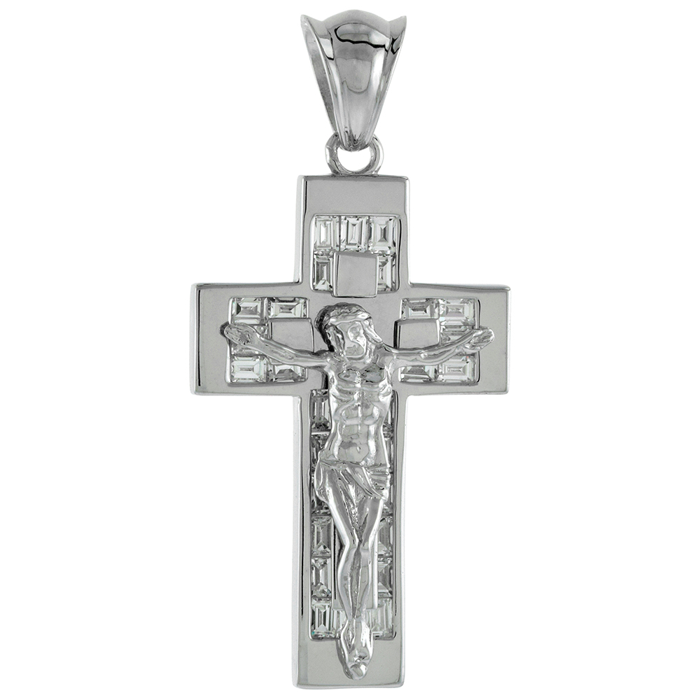 1 1/2 inch Sterling Silver Cubic Zirconia Crucifix Pendant Men Women Baguette CZ Channel Set Rhodium Finish