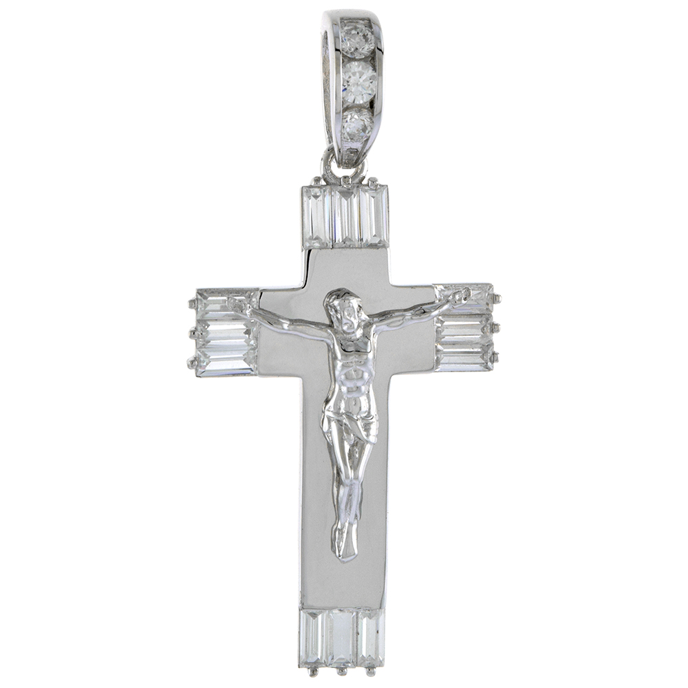 1 1/2 inch Sterling Silver Cubic Zirconia Crucifix Pendant Women Men Baguette Cut Ends Rhodium Finish