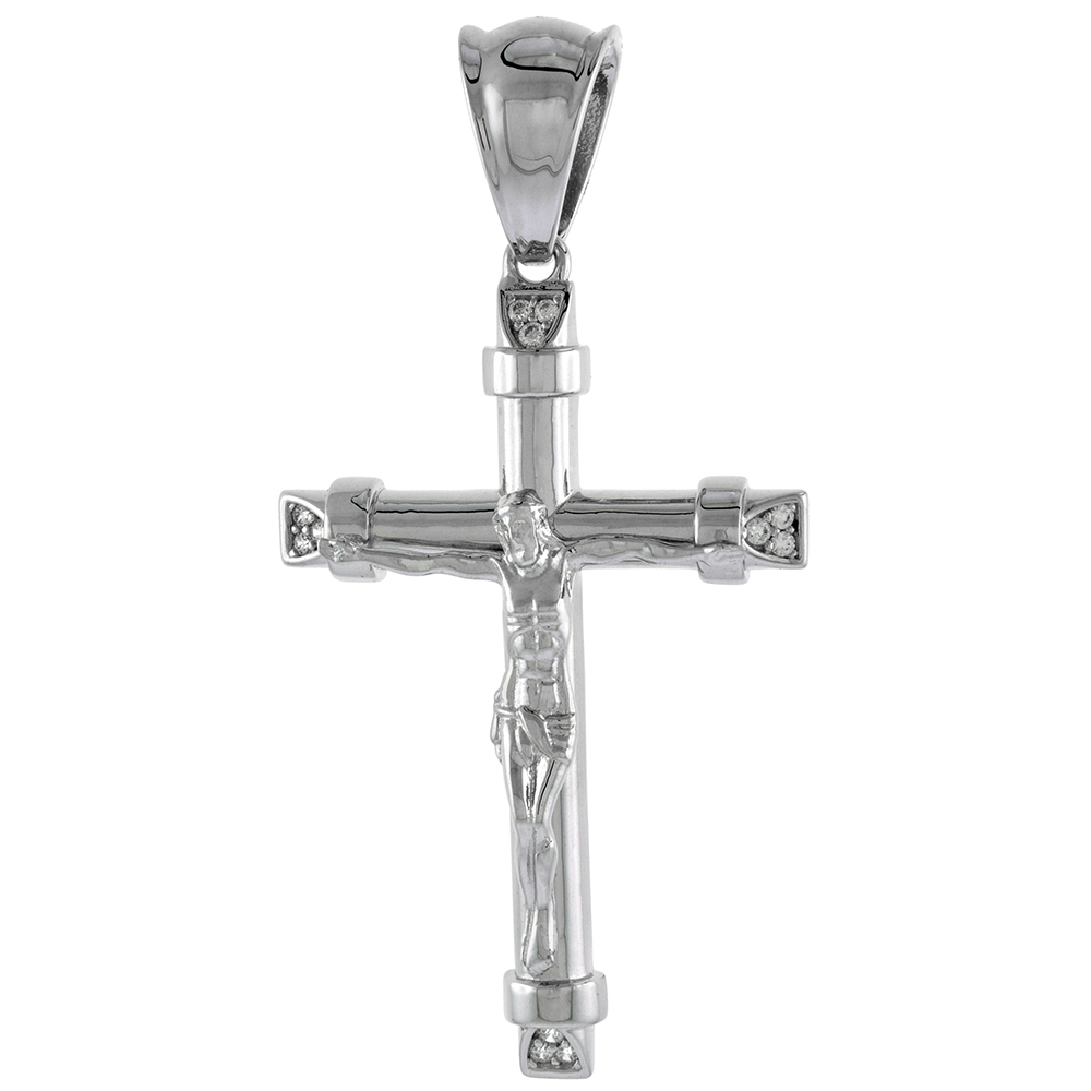 1 5/8 INCH STERLING SILVER MICROPAVE CZ CRUCIFIX PENDANT MEN WOMEN TUBULAR SHAPE RHODIUM FINISH