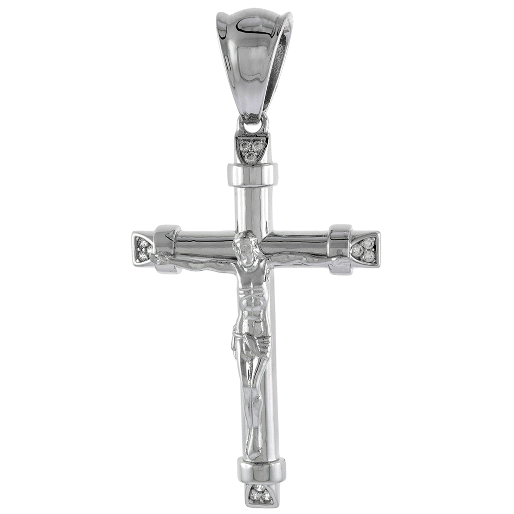1 5/8 inch Sterling Silver Micropave CZ Crucifix Pendant Men Women Tubular Shape Rhodium Finish