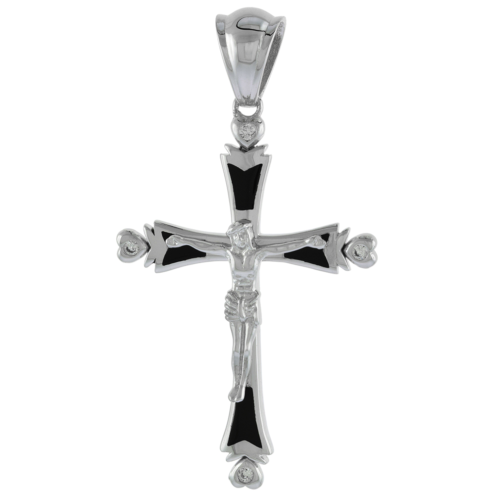 1 1/2 inch Sterling Silver Cubic Zirconia Budded Cross Crucifix Pendant Women Men Black Enamel Heart Ends Rhodium Finish