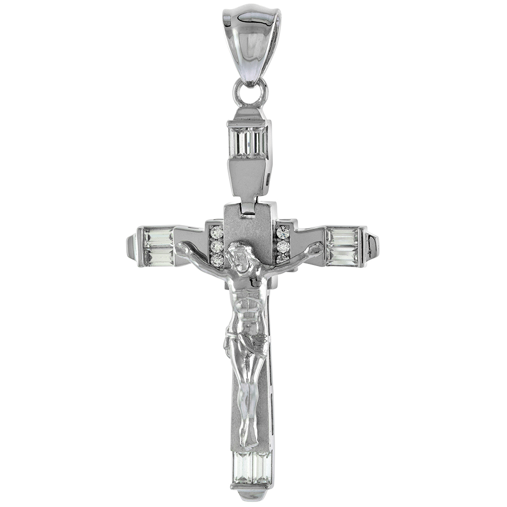 1 3/4 INCH STERLING SILVER ARTICULATED CRUCIFIX PENDANT MEN WOMEN CHANNEL SET BAGUETTE CZ BRUSHED RHODIUM FINISH