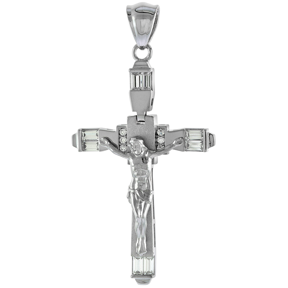 1 3/4 inch Sterling Silver Articulated Crucifix Pendant Men Women Channel Set Baguette CZ Brushed Rhodium Finish
