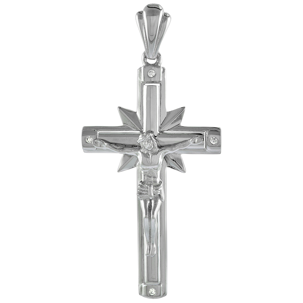 1 9/16 INCH STERLING SILVER CUBIC ZIRCONIA CRUCIFIX WITH RAYS OF LIGHT PENDANT MEN WOMEN RHODIUM FINISH