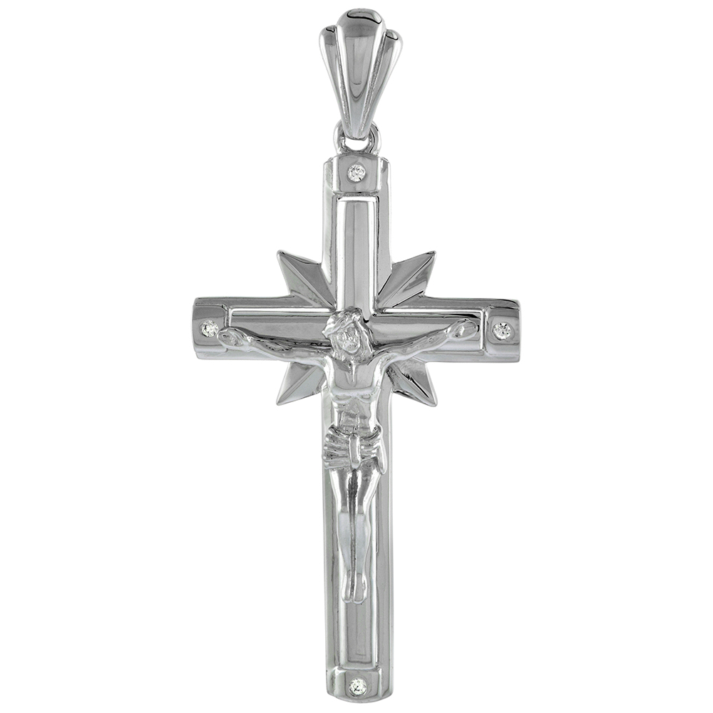 1 9/16 inch Sterling Silver Cubic Zirconia Crucifix with Rays of Light Pendant Men Women Rhodium Finish