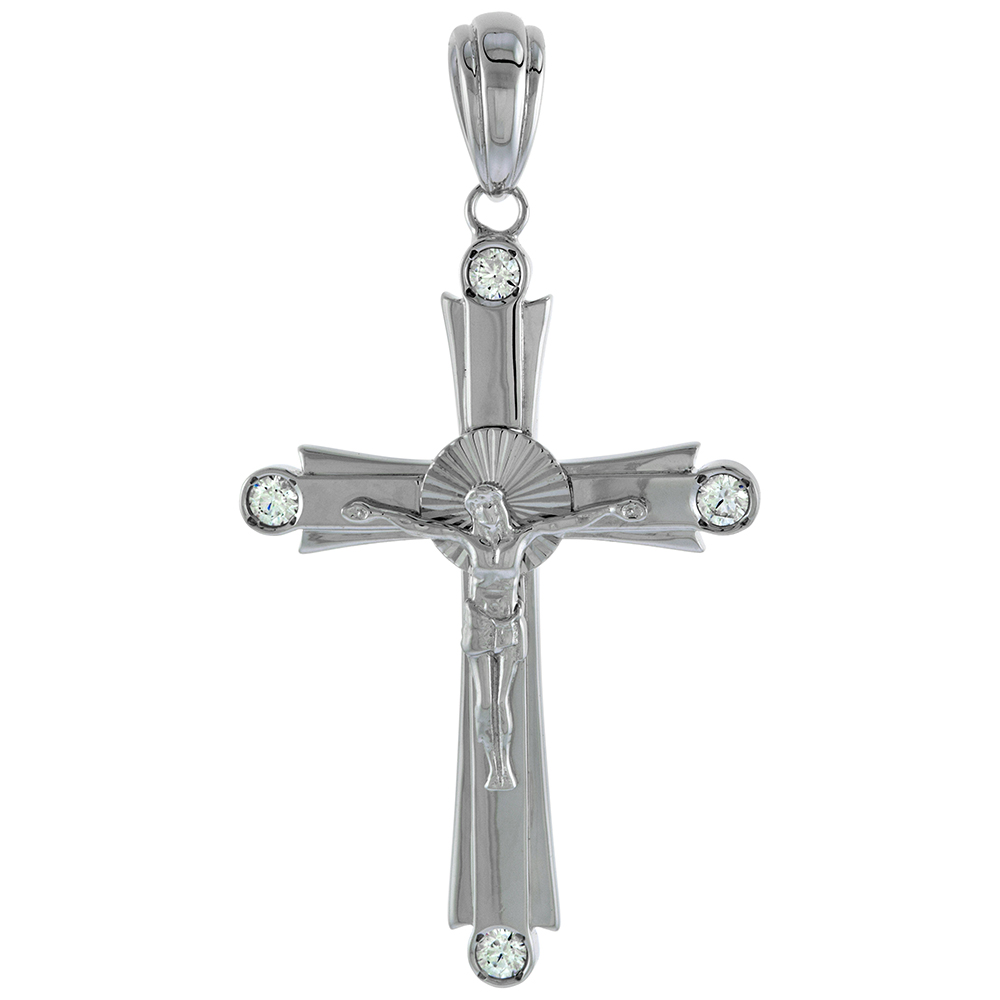 1 3/4 INCH STERLING SILVER CUBIC ZIRCONIA CROSS WITH DROPS CRUCIFIX PENDANT MEN WOMEN BEZEL SET RHODIUM FINISH