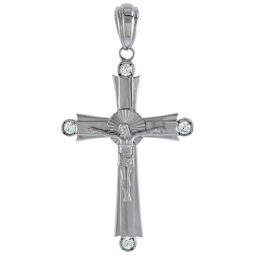 1 3/4 inch Sterling Silver Cubic Zirconia Cross with Drops Crucifix Pendant Men Women Bezel Set Rhodium Finish