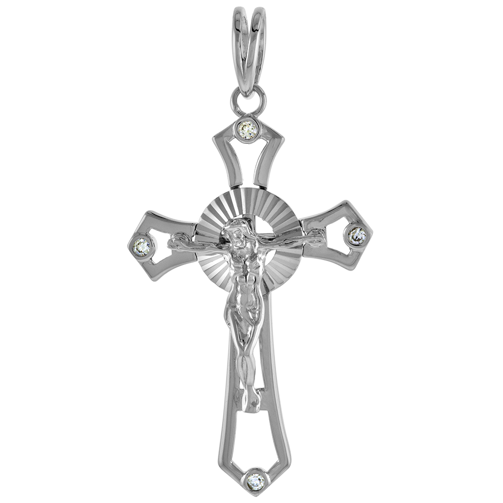 1 3/4 INCH STERLING SILVER CZ PATONCE CRUCIFIX PENDANT MEN WOMEN DIAMOND CUT HALO CUTOUT PATTERN RHODIUM FINISH
