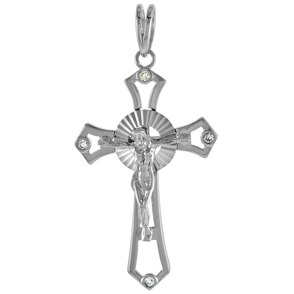 1 3/4 inch Sterling Silver CZ Patonce Crucifix Pendant Men Women Diamond Cut Halo Cutout Pattern Rhodium Finish