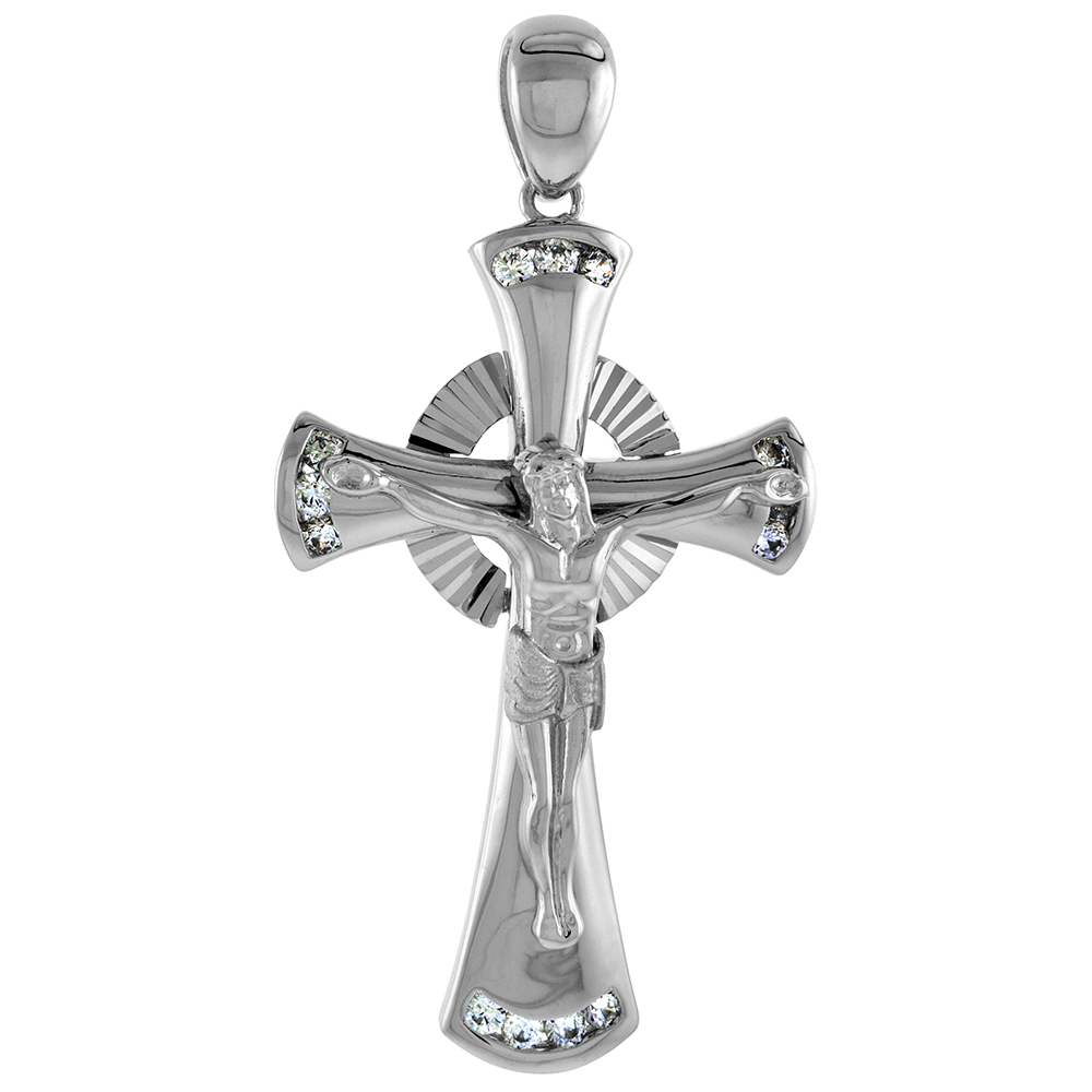 1 3/4 INCH STERLING SILVER CUBIC ZIRCONIA CELTIC CRUCIFIX PENDANT MEN WOMEN DIAMOND CUT RHODIUM FINISH