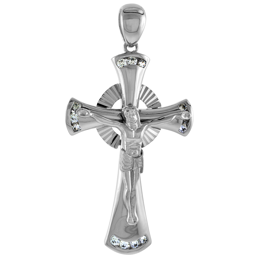 1 3/4 inch Sterling Silver Cubic Zirconia Celtic Crucifix Pendant Men Women Diamond Cut Rhodium Finish