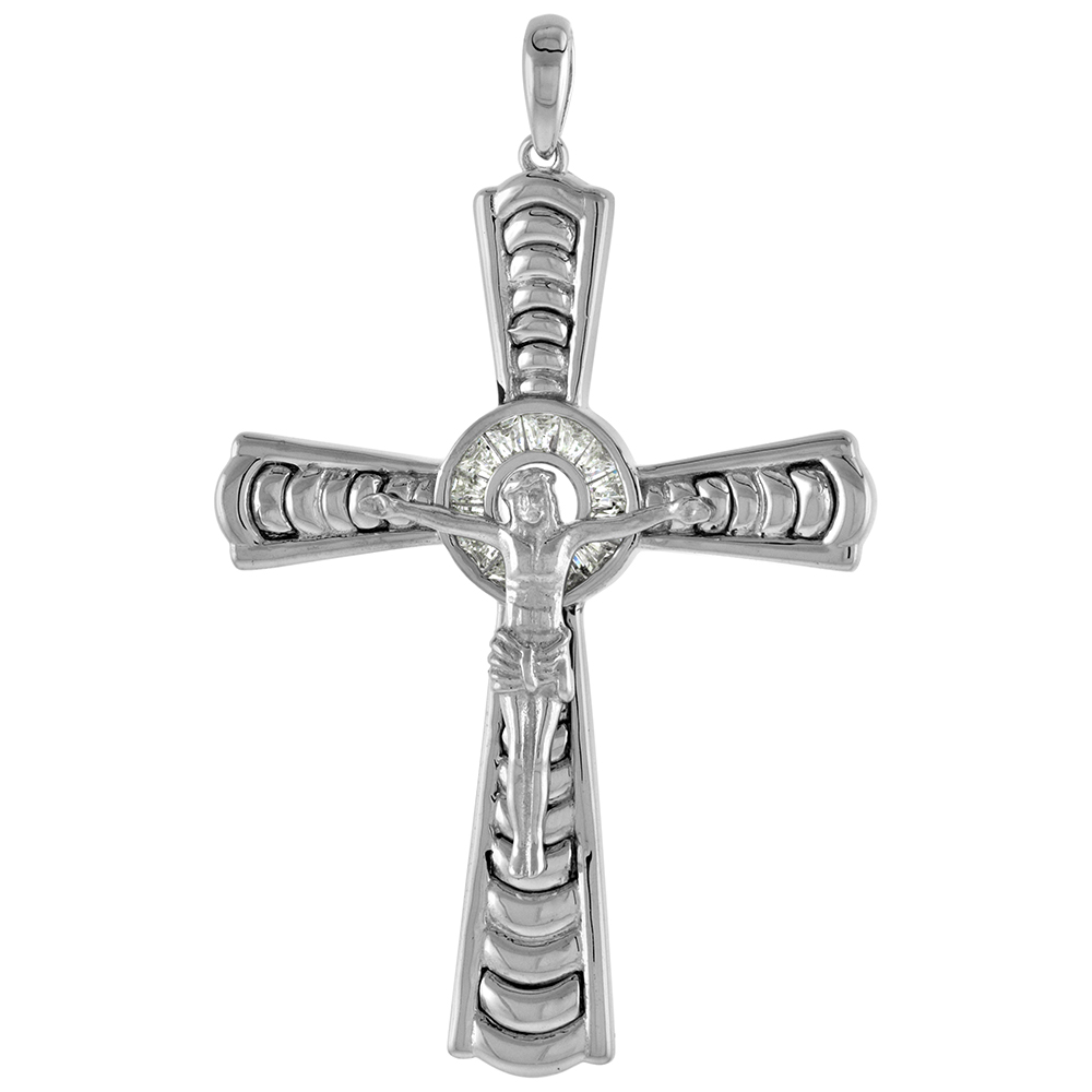 1 3/4 inch Sterling Silver Tapered Baguette CZ Celtic Crucifix Pendant Men Women Ribbed Pattern Rhodium Finish