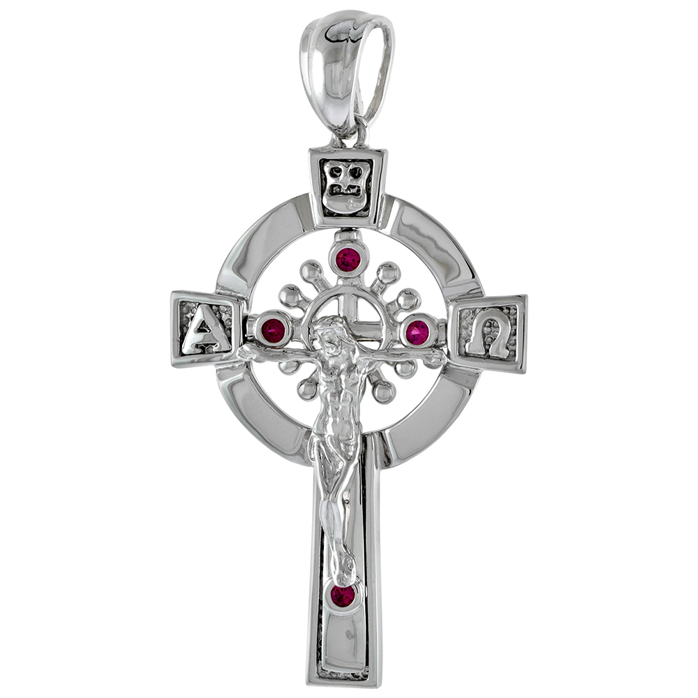 1 3/4 inch Sterling Silver Red CZ Alpha and Omega Crucifix Pendant Men Women Rhodium Finish
