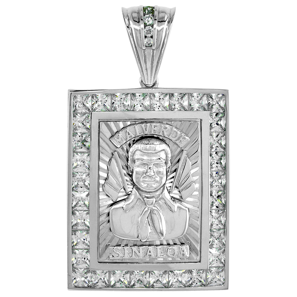 STERLING SILVER CZ JESUS MALVERDE SINALOA MEDAL PENDANT RHODIUM FINISH 1.25 INCH RECTANGULAR