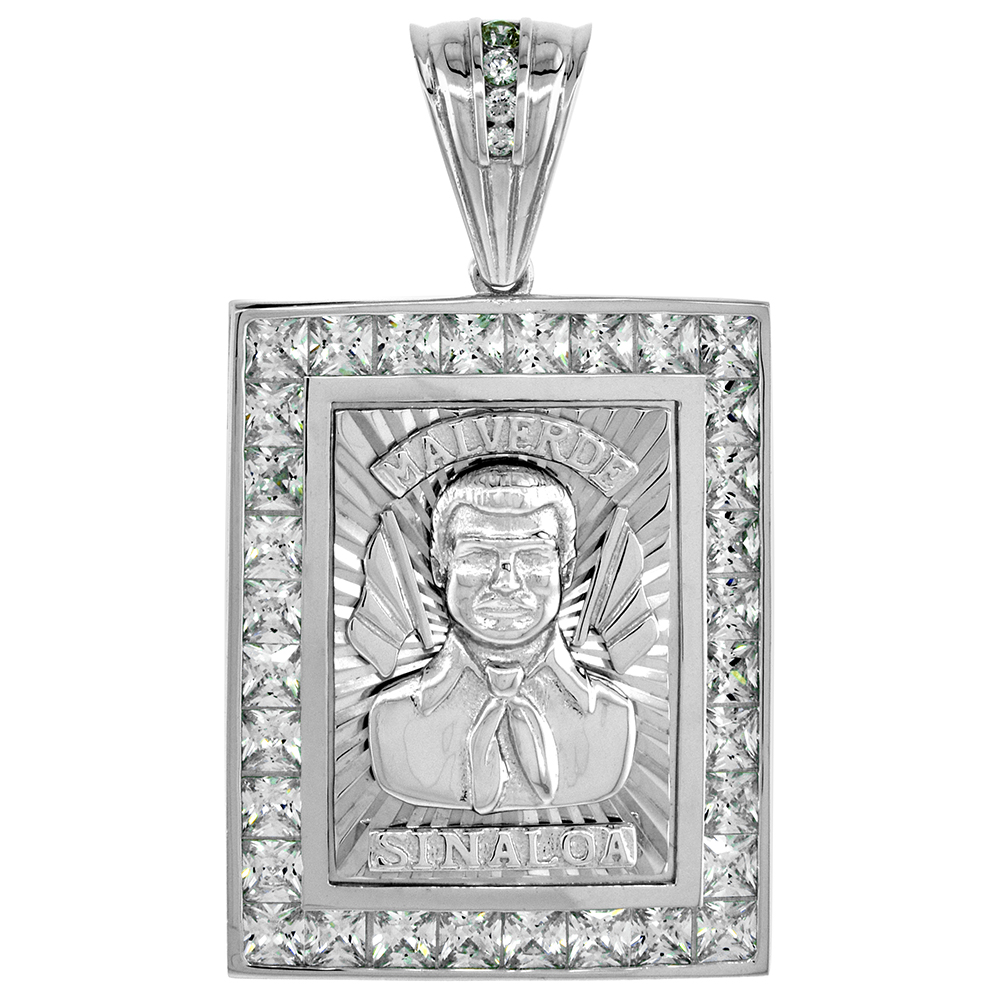 Sterling Silver CZ Jesus Malverde Sinaloa Medal Pendant Rhodium Finish 1.25 inch Rectangular