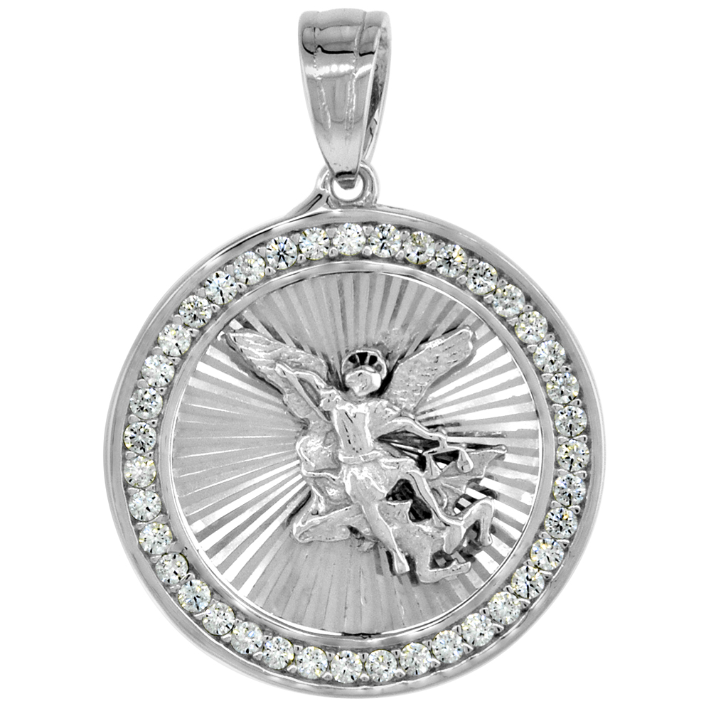 STERLING SILVER SAINT MICHAEL MEDAL PENDANT CZ DIAMOND CUT RHODIUM FINISH 21/32 INCH ROUND