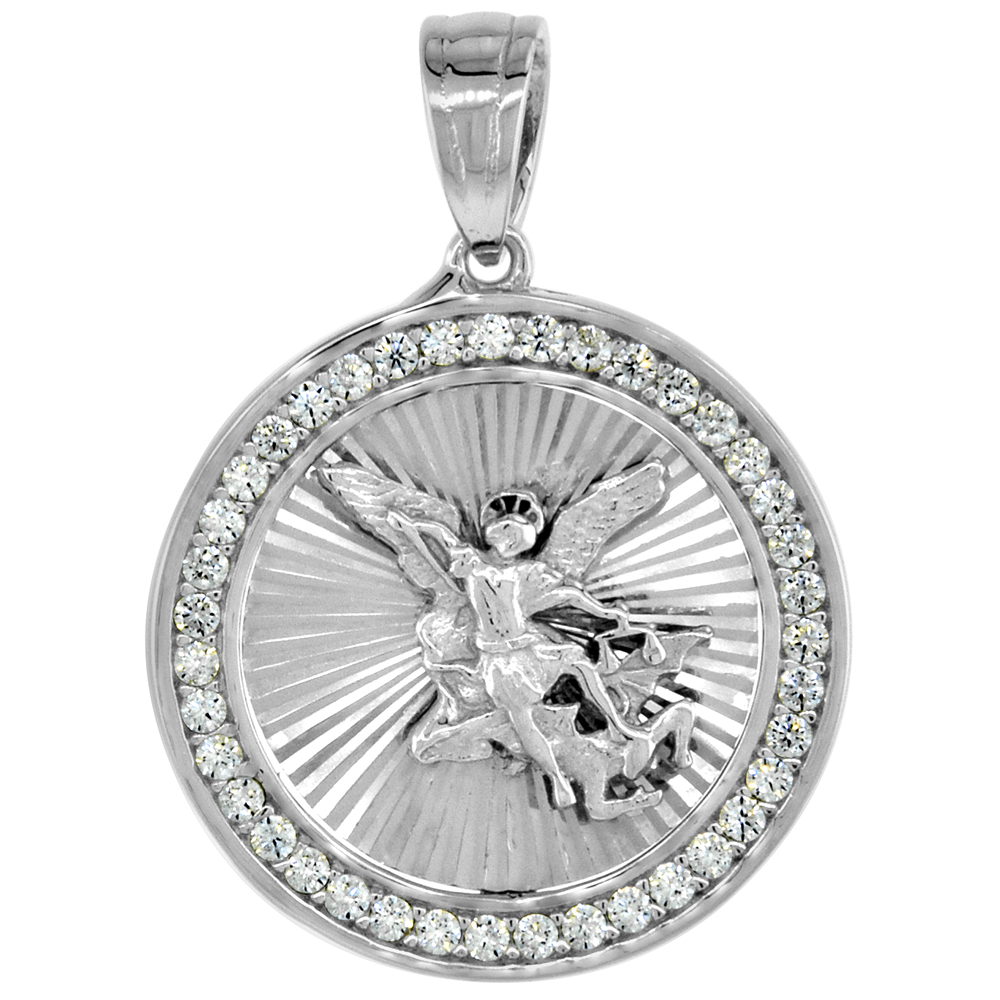 Sterling Silver Saint Michael Medal Pendant CZ Diamond cut Rhodium Finish 21/32 inch Round