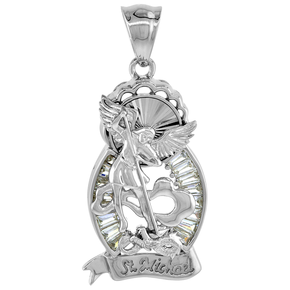 STERLING SILVER SAINT MICHAEL PENDANT BAGUETTE CZ HALO DIAMOND CUT RHODIUM FINISH 1 5/16 INCH TALL