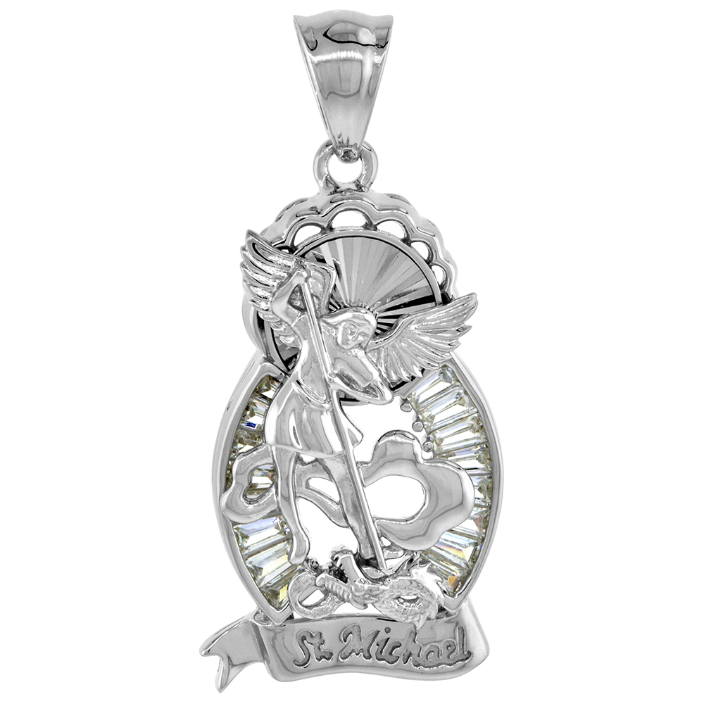 Sterling Silver Saint Michael Pendant Baguette CZ Halo Diamond cut Rhodium Finish 1 5/16 inch tall