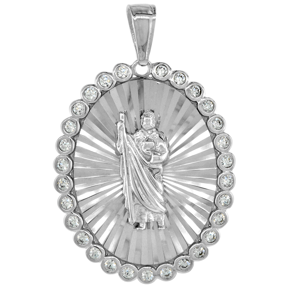 1 inch Sterling Silver St Jude Medal Pendant for Men CZ Halo Diamond cut Rhodium Finish Oval