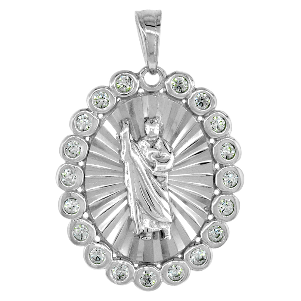 3/4 inch Sterling Silver St Jude Medal Pendant for Women CZ Halo Diamond cut Rhodium Finish Oval