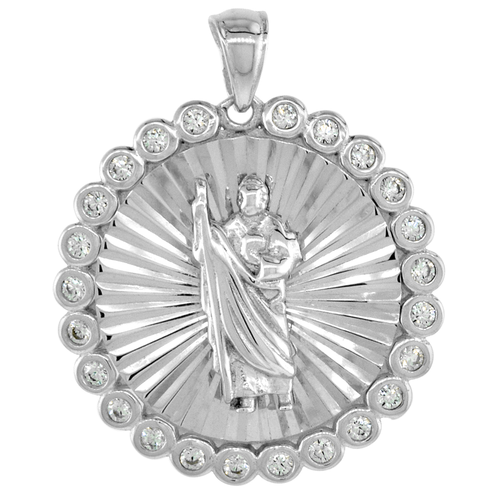 Sterling Silver Saint Jude Medal Pendant Cubic Zirconia Diamond cut Rhodium Finish 3/4 inch Round