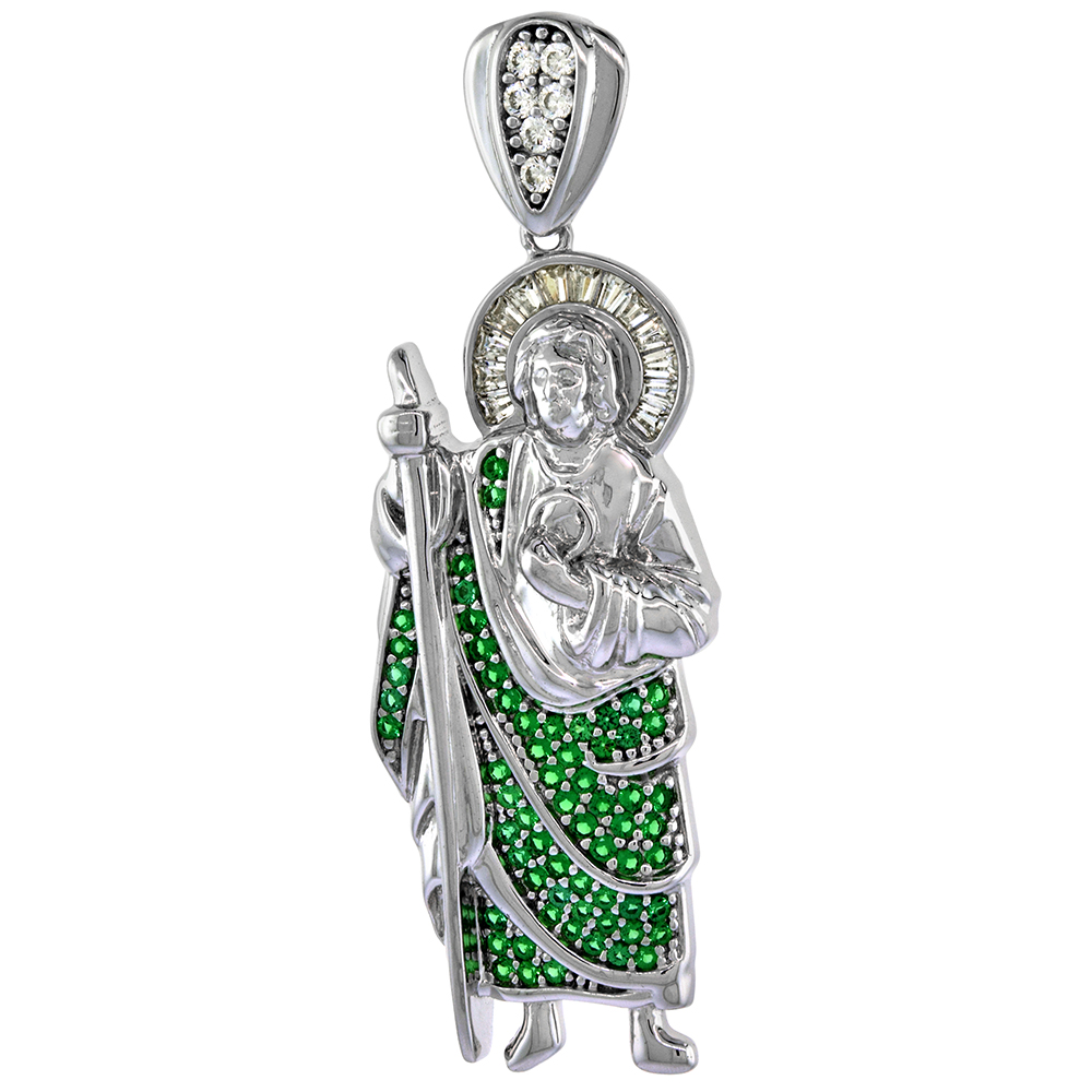 1.5 INCH STERLING SILVER MICROPAVE GREEN CZ ST JUDE PENDANT FOR MEN BAGUETTE CZ HALO RHODIUM FINISH