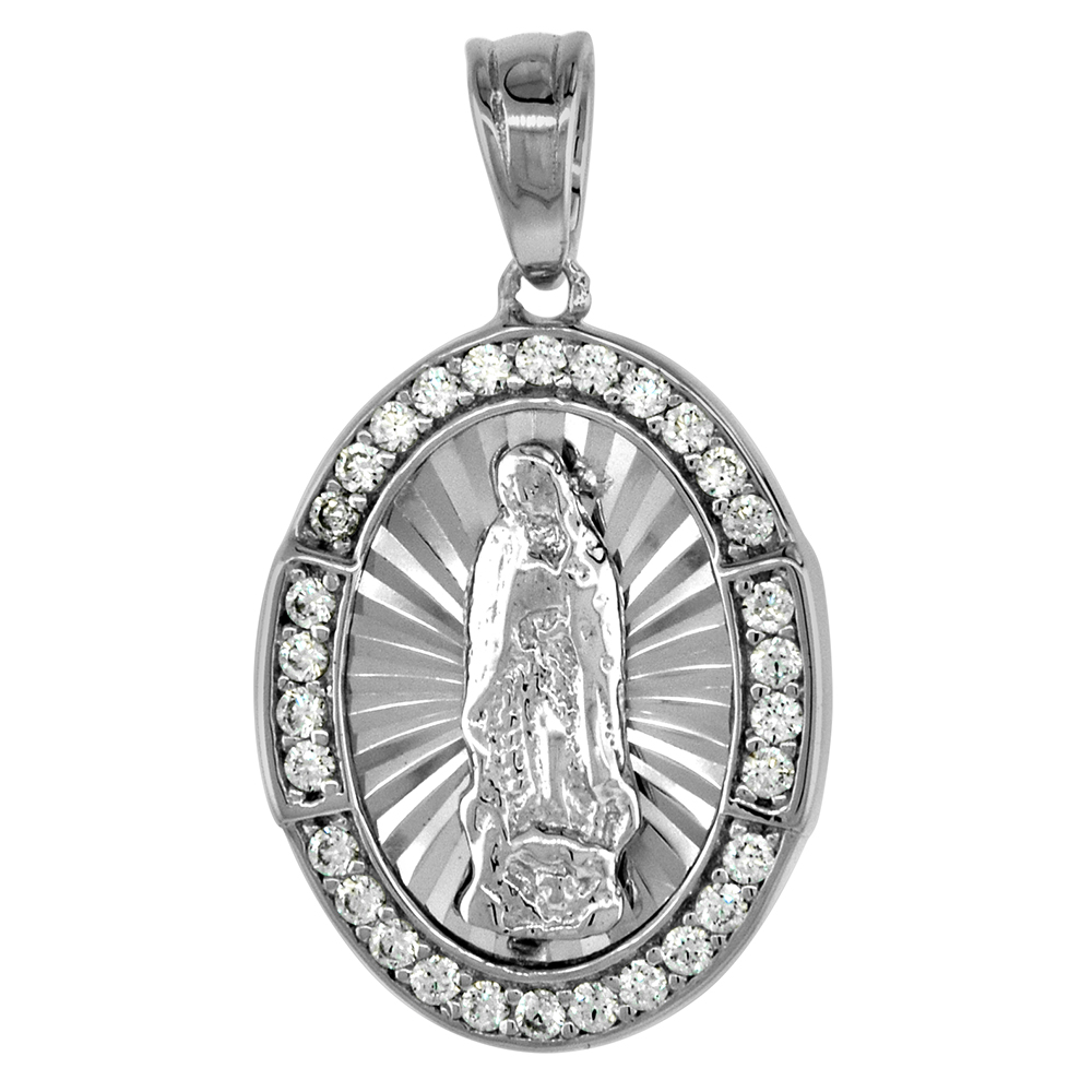 3/4 INCH STERLING SILVER ST GUADALUPE MEDAL PENDANT FOR WOMEN CZ HALO DIAMOND CUT RHODIUM FINISH
