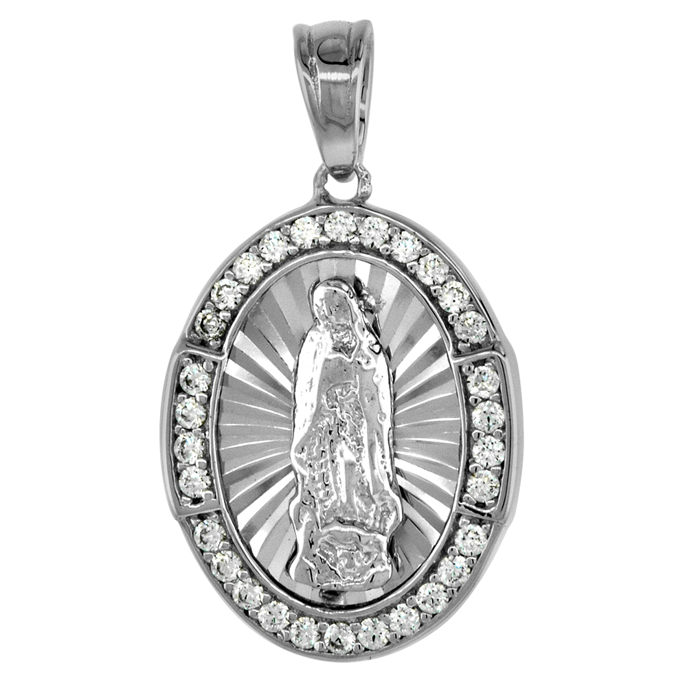 3/4 inch Sterling Silver St Guadalupe Medal Pendant for Women CZ Halo Diamond cut Rhodium Finish