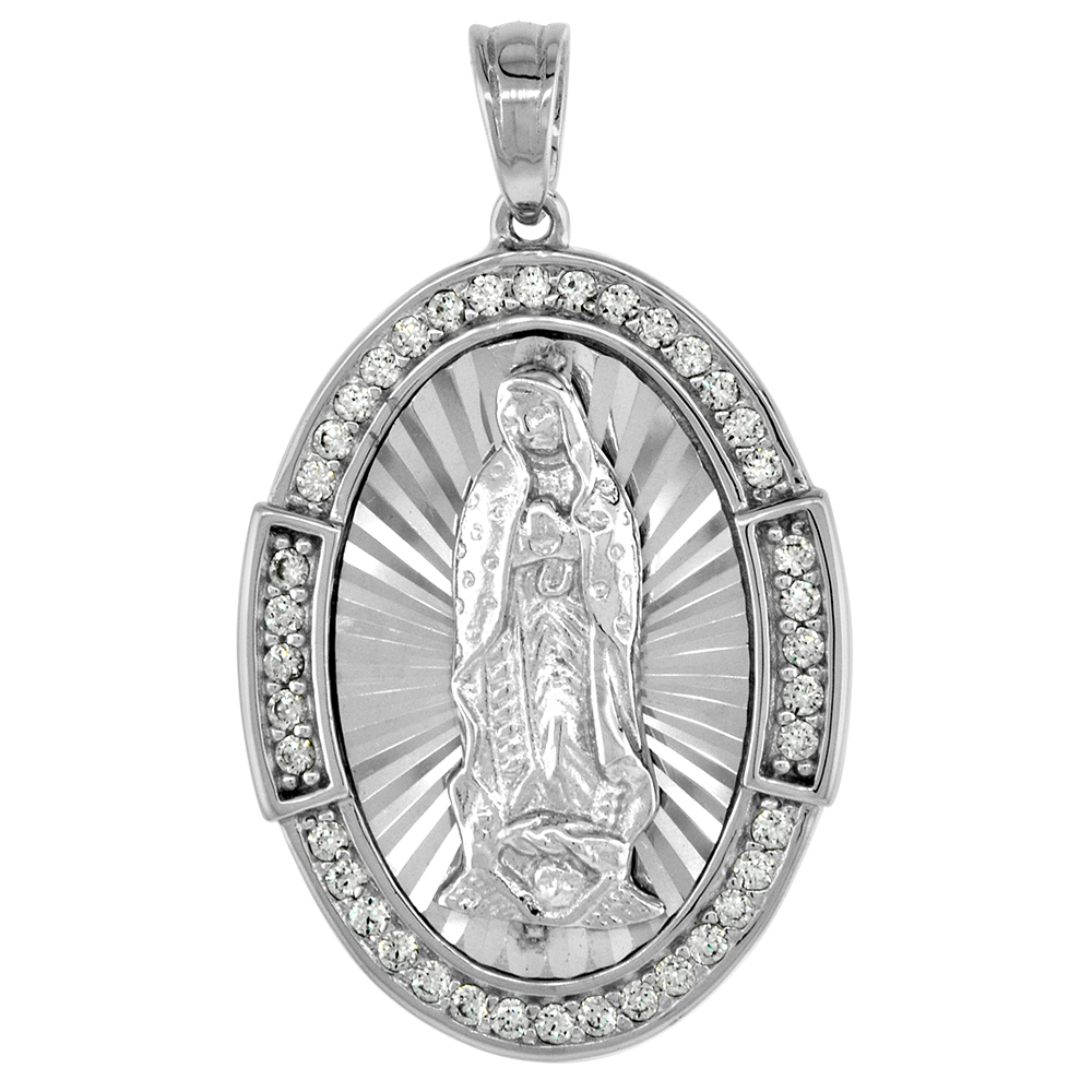 1 INCH STERING SILVER ST GUADALUPE MEDAL PENDANT FOR MEN CZ HALO DIAMOND CUT RHODIUM FINISH