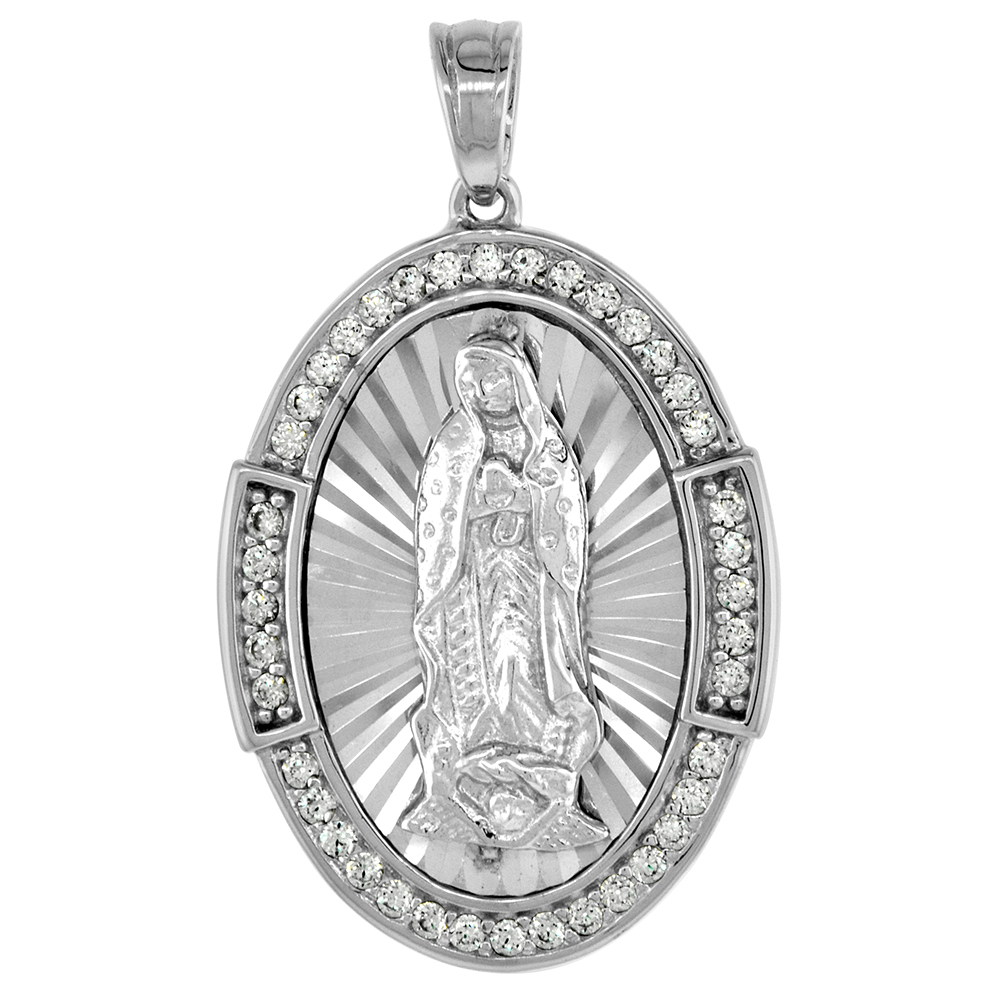 1 inch Stering Silver St Guadalupe Medal Pendant for Men CZ Halo Diamond cut Rhodium Finish
