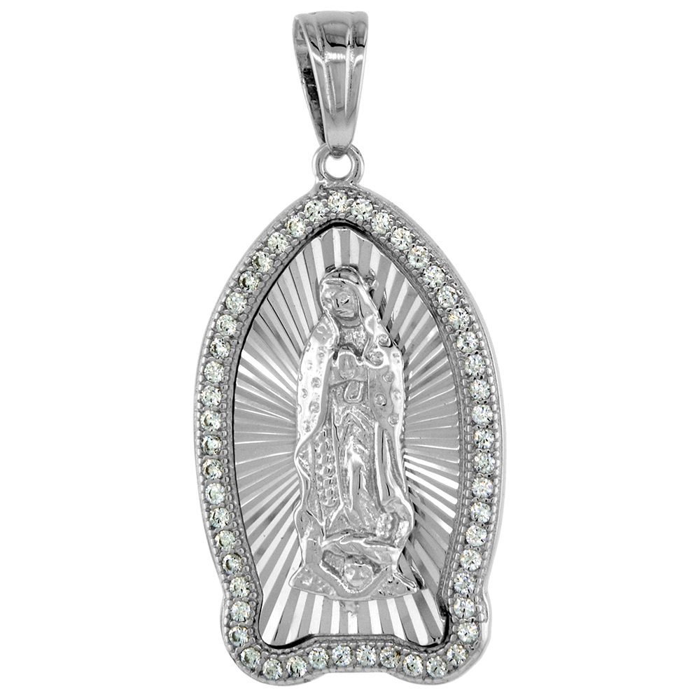 1 inch Sterling Silver St Guadalupe Medal Pendant for Women Diamond cut CZ Halo Rhodium Finish