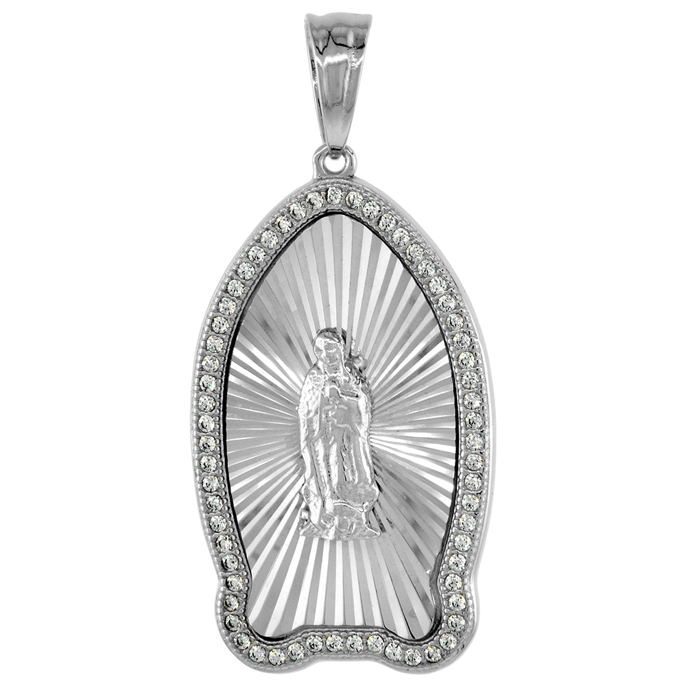 1.25 INCH STERLING SILVER ST GUADALUPE MEDAL PENDANT FOR MEN DIAMOND CUT CZ HALO RHODIUM FINISH