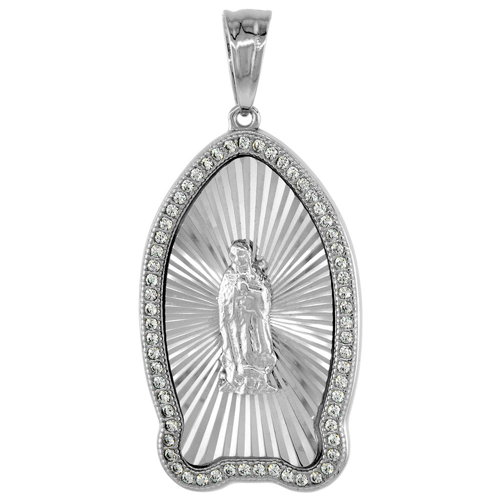 1.25 inch Sterling Silver St Guadalupe Medal Pendant for Men Diamond cut CZ Halo Rhodium Finish