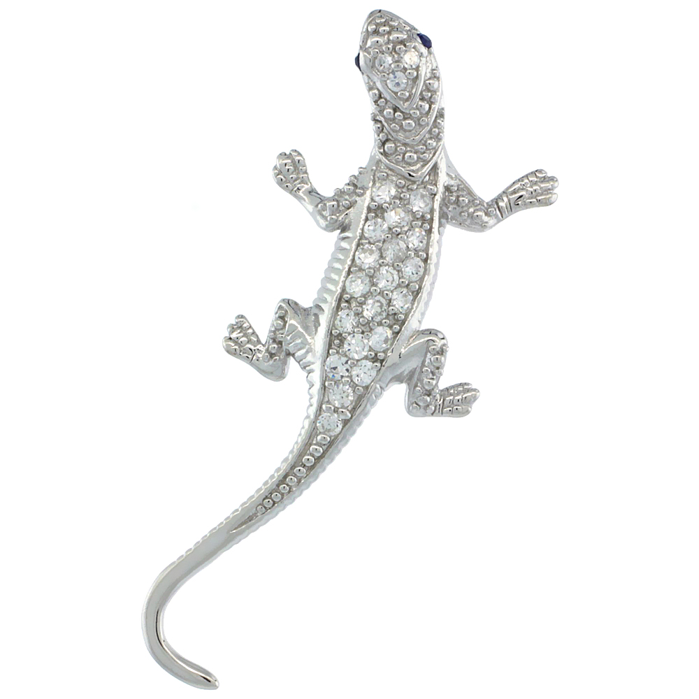 Sterling Silver Cubic Zirconia Gecko Lizard Pendant, 1 1/2 inch long