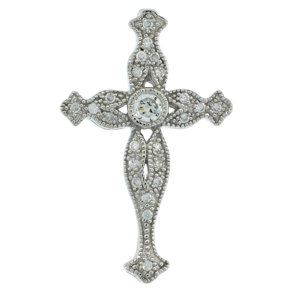 STERLING SILVER FLORAL FLEURY CROSS PENDANT SLIDE W/ CUBIC ZIRCONIA STONES 1 1/16IN. (27 MM) TALL