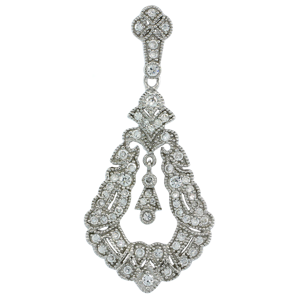 Sterling Silver Pear Cut Out Pendant w/ Cubic Zirconia Stones, 1 1/4 in. (33 mm) tall