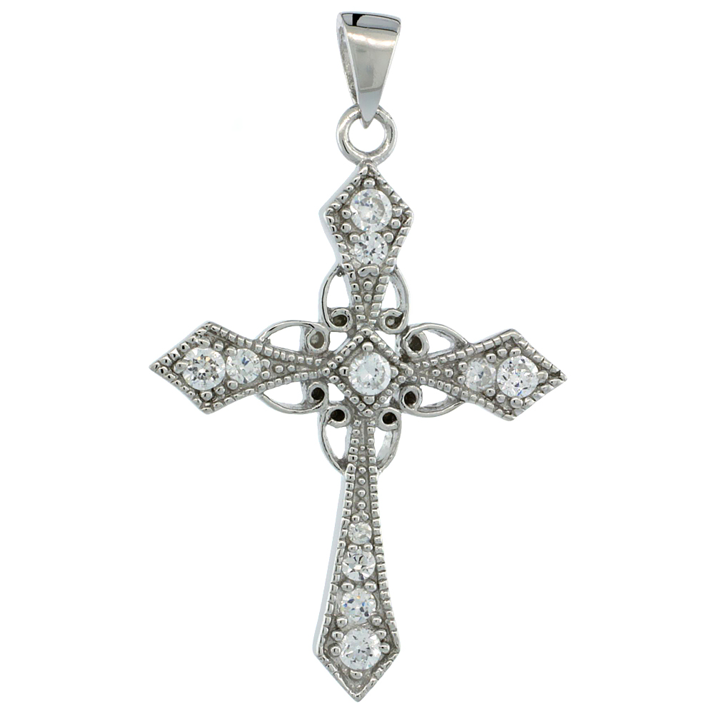 Sterling Silver Floral Patonce Cross Pendant w/ Cubic Zirconia Stones, 1 3/16 in. (31 mm) tall