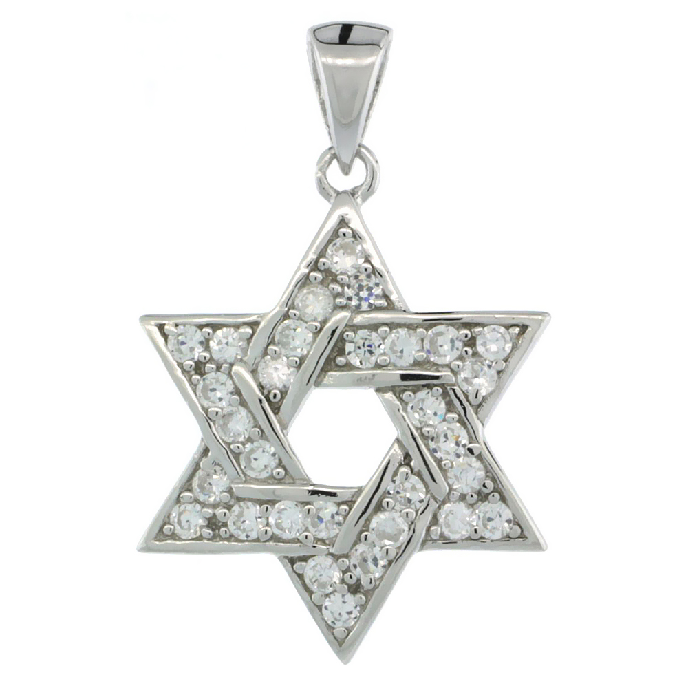 Sterling Silver Jewish Star of David Pendant w/ Cubic Zirconia Stones, 13/16 in. (21 mm) tall