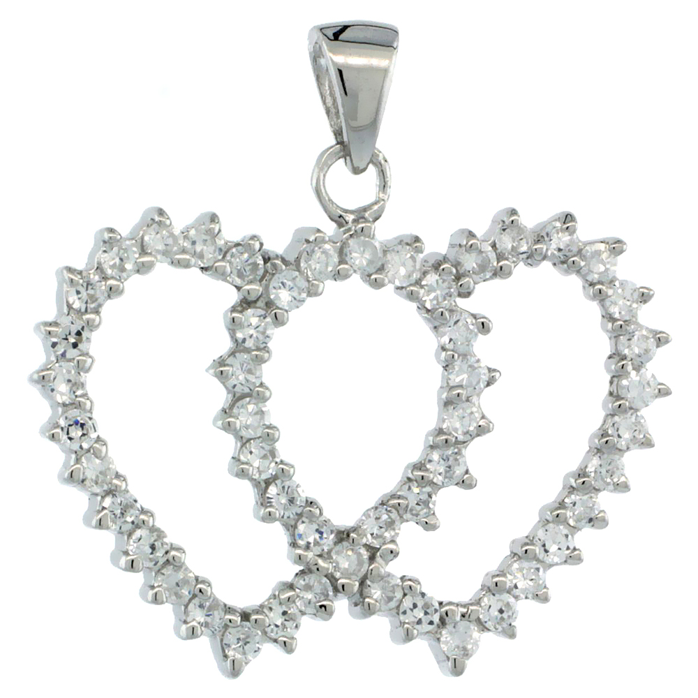 Sterling Silver Double Heart Cut Out Pendant w/ Cubic Zirconia Stones, 13/16 in. (21mm) tall
