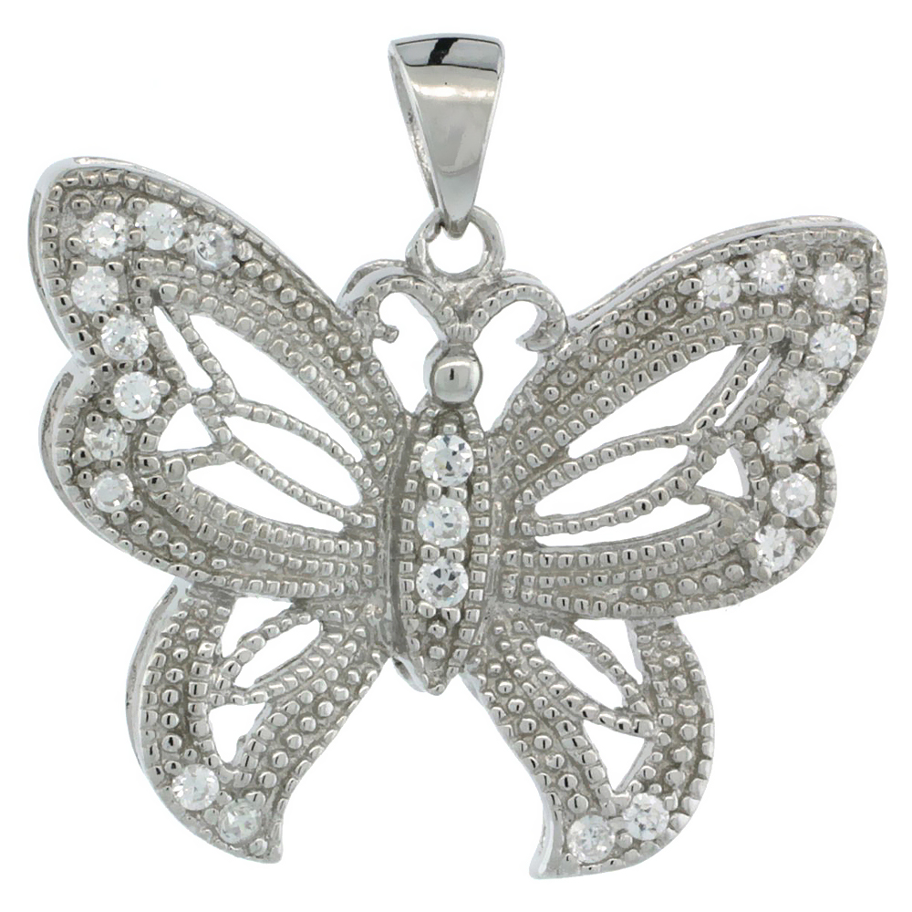 Sterling Silver Butterfly Pendant w/ Cubic Zirconia Stones, 3/4 in. (20 mm) tall