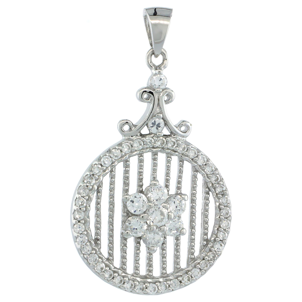STERLING SILVER ETERNITY PENDANT W/ FLORAL PATTERN CUBIC ZIRCONIA STONES 1 1/8IN. (28 MM) TALL