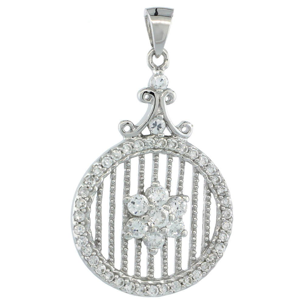 Sterling Silver Eternity Pendant w/ Floral Pattern Cubic Zirconia Stones, 1 1/8in. (28 mm) tall