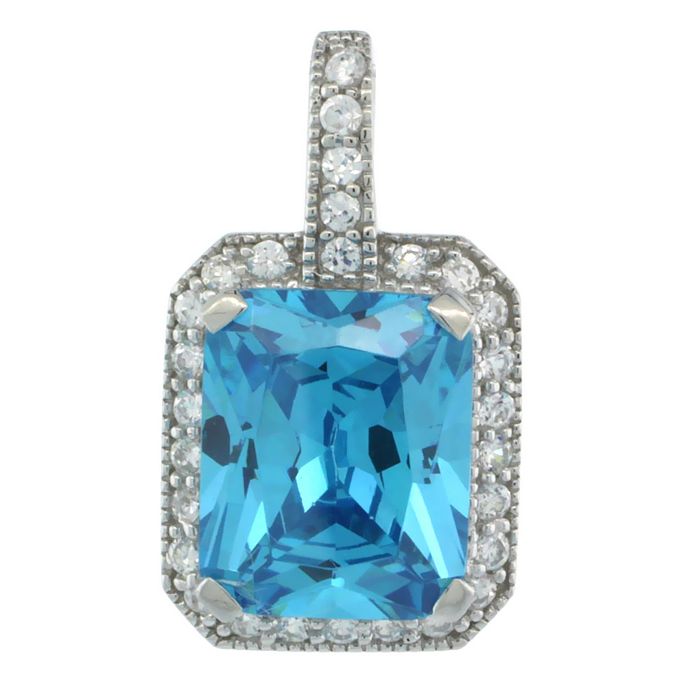 STERLING SILVER RECTANGULAR FRAME BLUE TOPAZ COLOR PENDANT W/ CUBIC ZIRCONIA STONES 9/16 IN. (15 MM) TALL