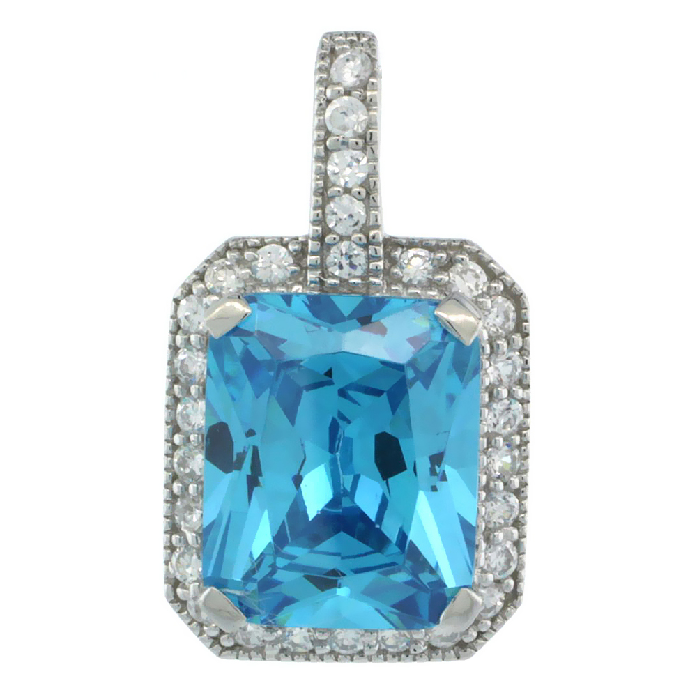 Sterling Silver Rectangular Frame Blue Topaz Color Pendant w/ Cubic Zirconia Stones, 9/16 in. (15 mm) tall