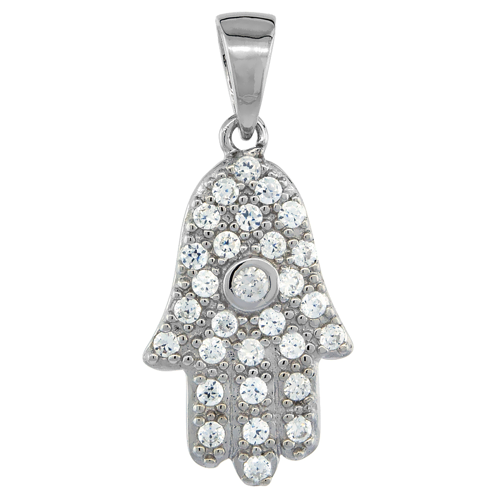 STERLING SILVER HAMSA (HAND OF GOD) WHITE CENTER PENDANT WITH CZ STONES 3/4 INCH LONG